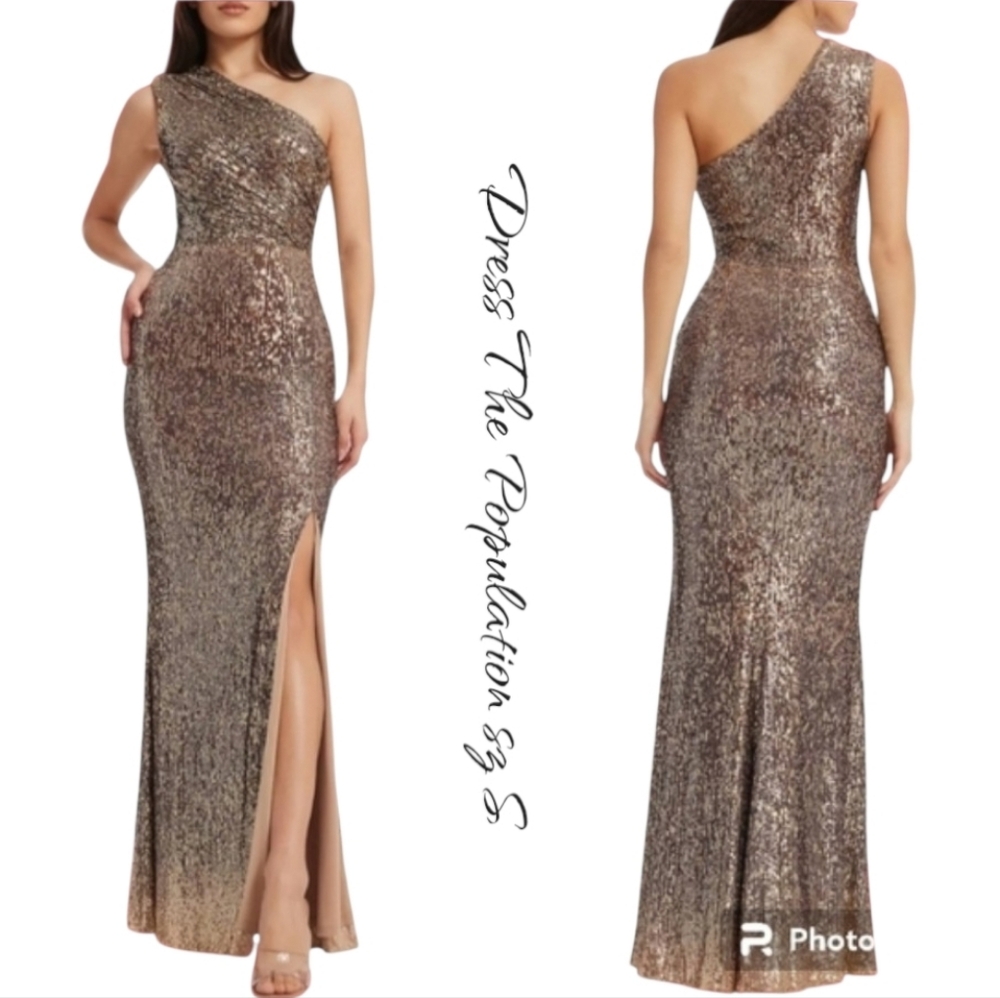 Nwt Dress The Population Sariah Sequin Maxi Gown Bronze Sz S
